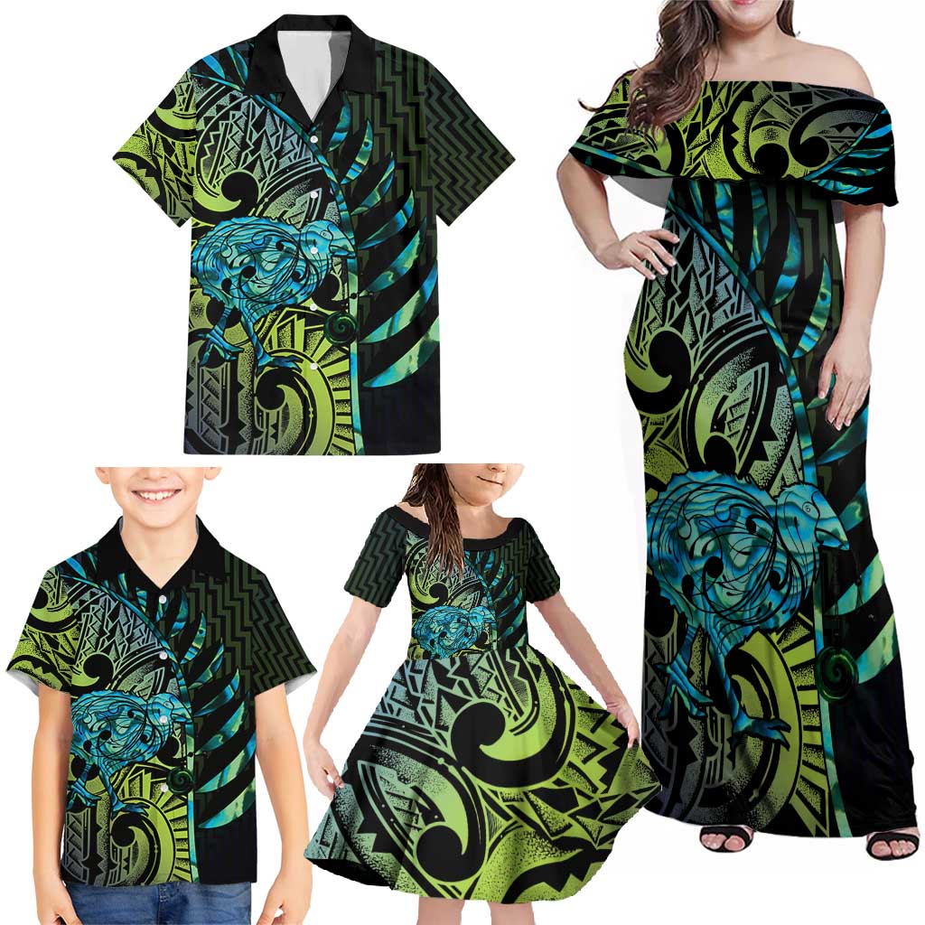 Southland Takehe Pounama Family Matching Off Shoulder Maxi Dress and Hawaiian Shirt Aotearoa Poutama Paua Shell Fern