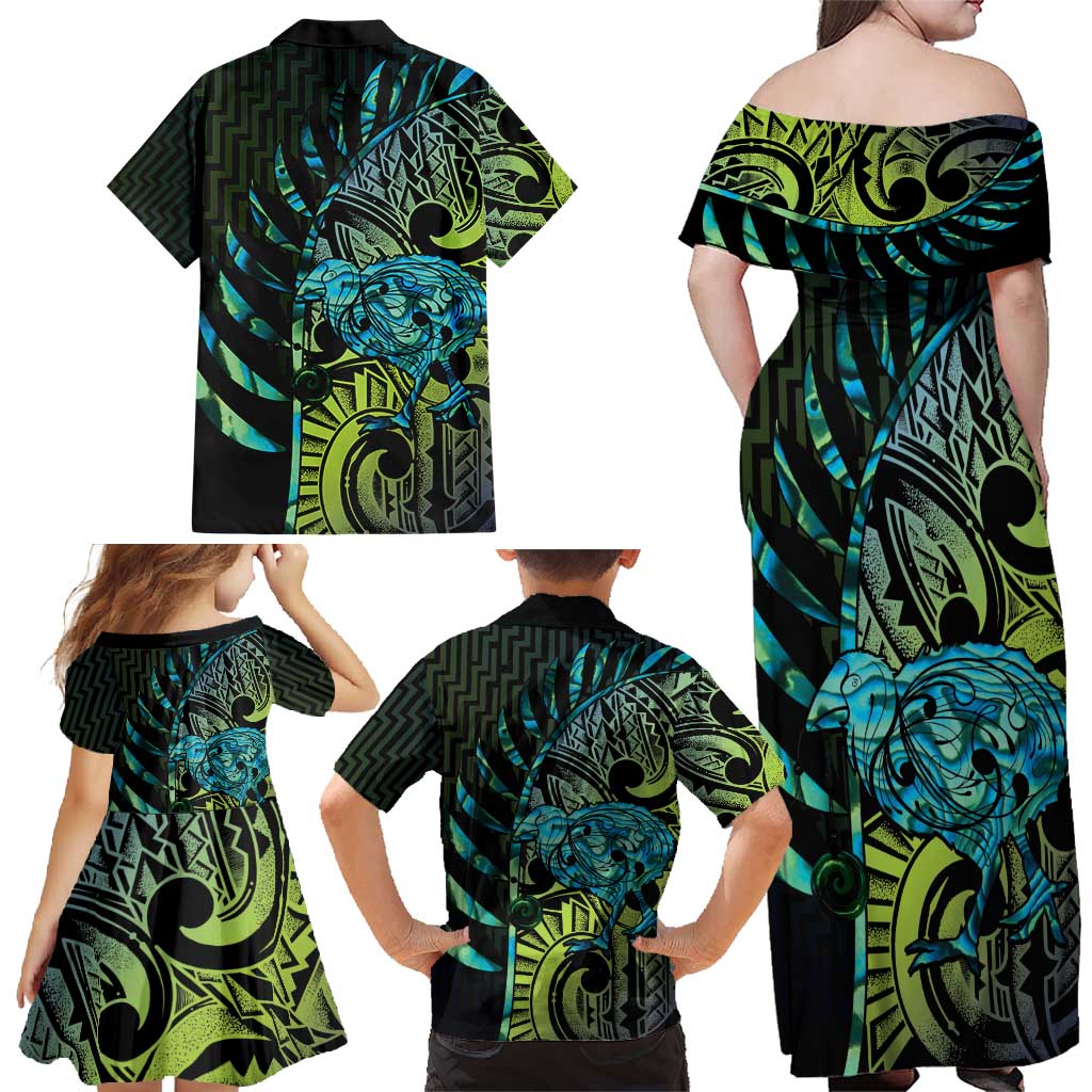 Southland Takehe Pounama Family Matching Off Shoulder Maxi Dress and Hawaiian Shirt Aotearoa Poutama Paua Shell Fern