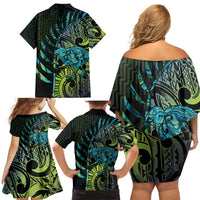 Southland Takehe Pounama Family Matching Off Shoulder Short Dress and Hawaiian Shirt Aotearoa Poutama Paua Shell Fern