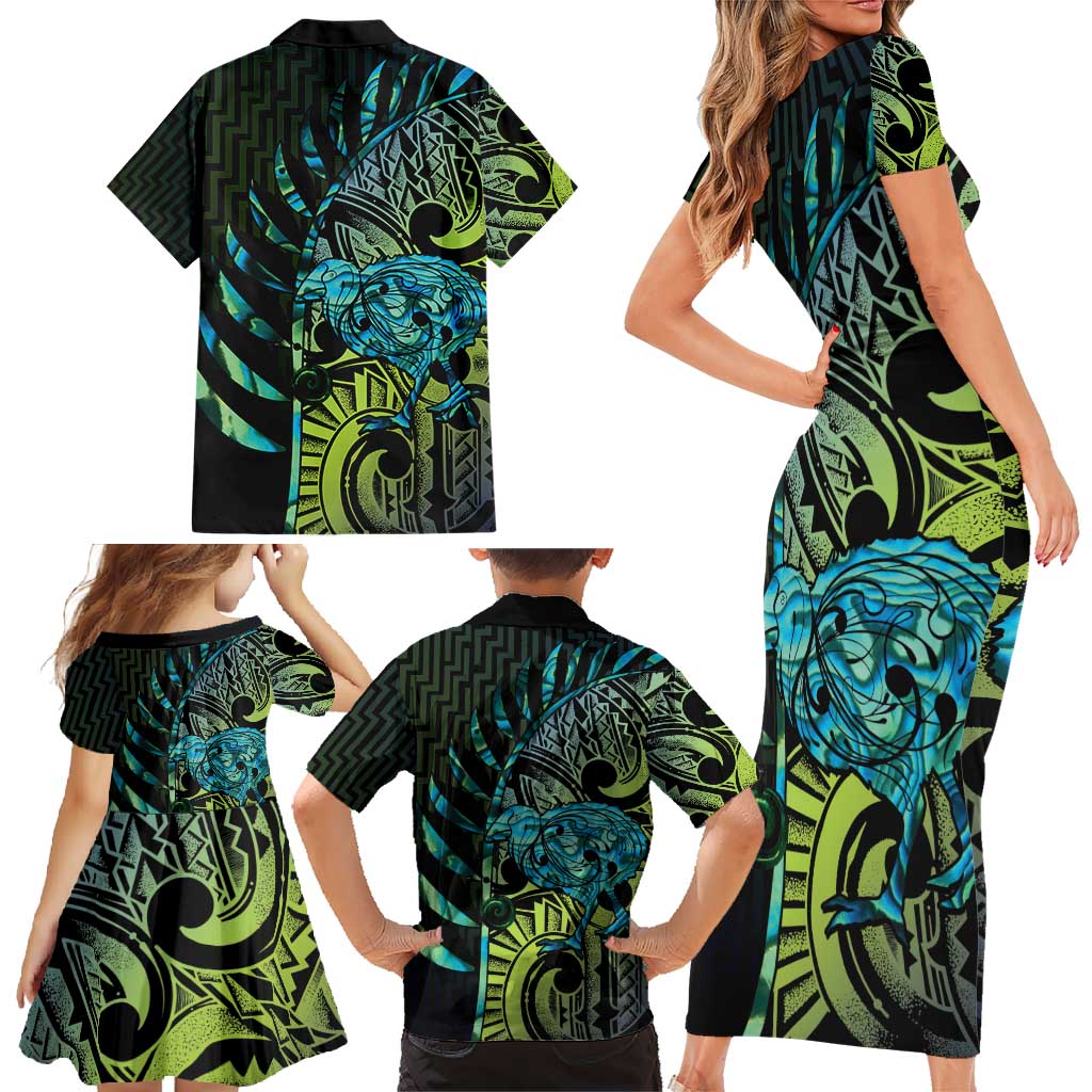 Southland Takehe Pounama Family Matching Short Sleeve Bodycon Dress and Hawaiian Shirt Aotearoa Poutama Paua Shell Fern