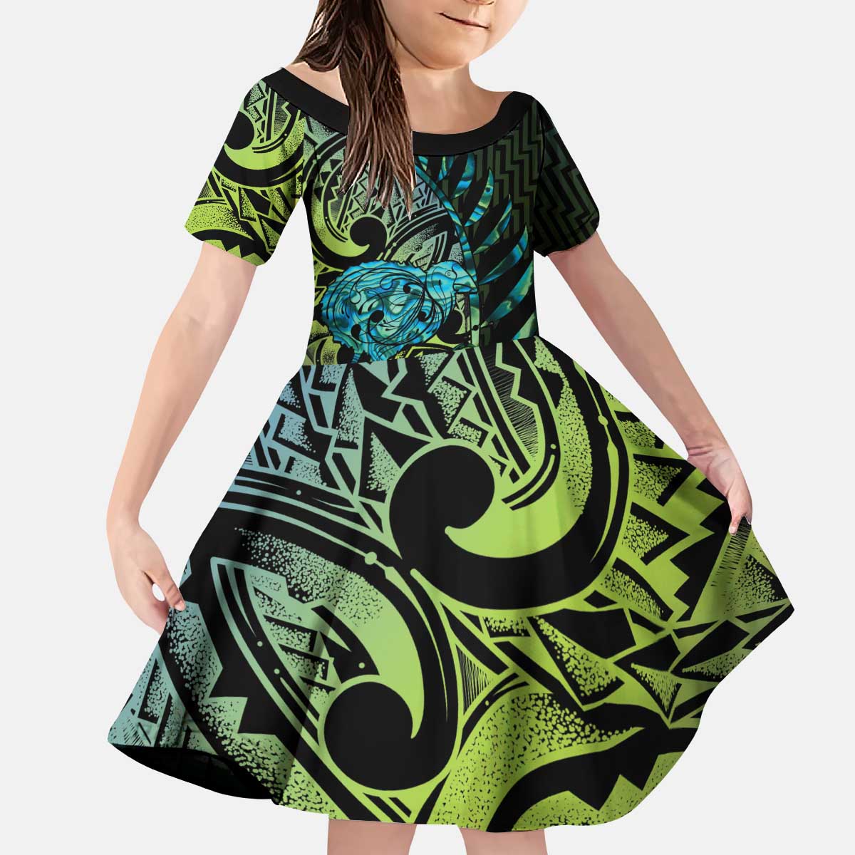 Southland Takehe Pounama Kid Short Sleeve Dress Aotearoa Poutama Paua Shell Fern LT14 KID Black - Polynesian Pride