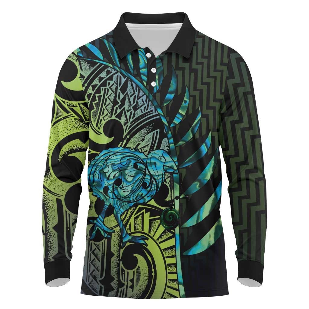 Southland Takehe Pounama Long Sleeve Polo Shirt Aotearoa Poutama Paua Shell Fern LT14 Black - Polynesian Pride