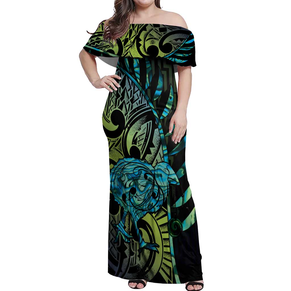 Southland Takehe Pounama Off Shoulder Maxi Dress Aotearoa Poutama Paua Shell Fern LT14 Women Black - Polynesian Pride
