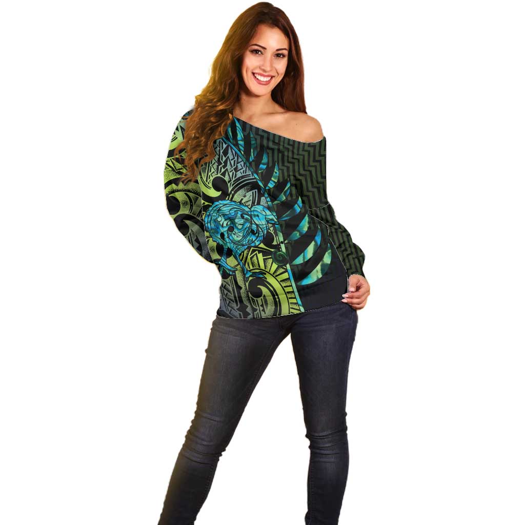Southland Takehe Pounama Off Shoulder Sweater Aotearoa Poutama Paua Shell Fern