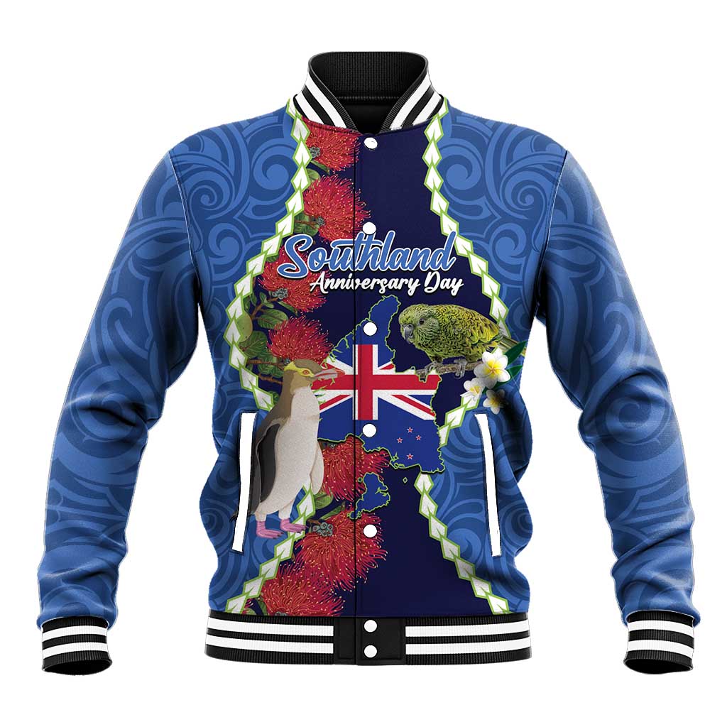 Southland Anniversary Day Baseball Jacket Murihiku 1861 Maori Bird Mix Pohutukawa