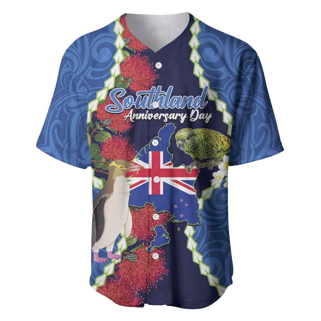 Southland Anniversary Day Baseball Jersey Murihiku 1861 Maori Bird Mix Pohutukawa LT14 Blue - Polynesian Pride
