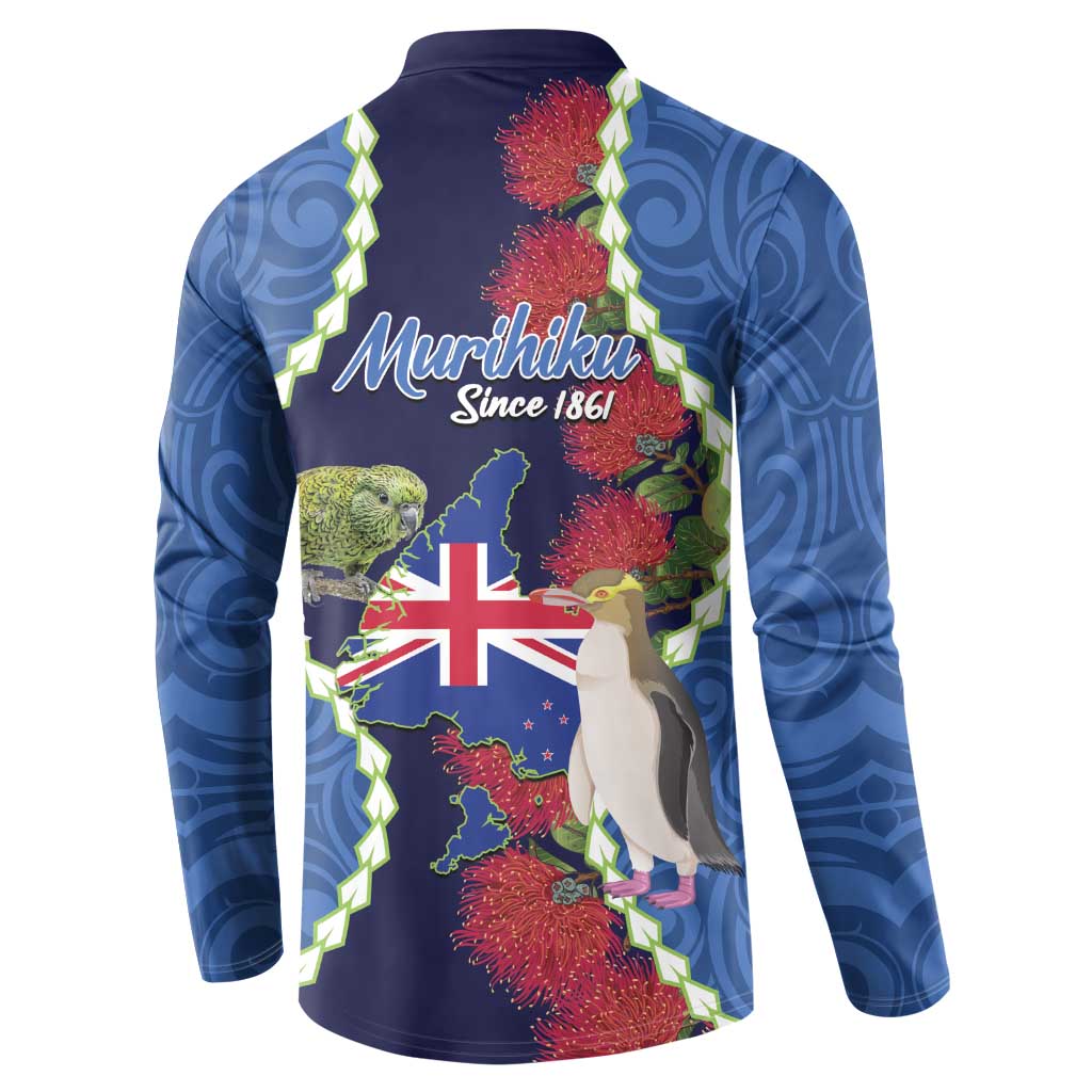 Southland Anniversary Day Button Sweatshirt Murihiku 1861 Maori Bird Mix Pohutukawa