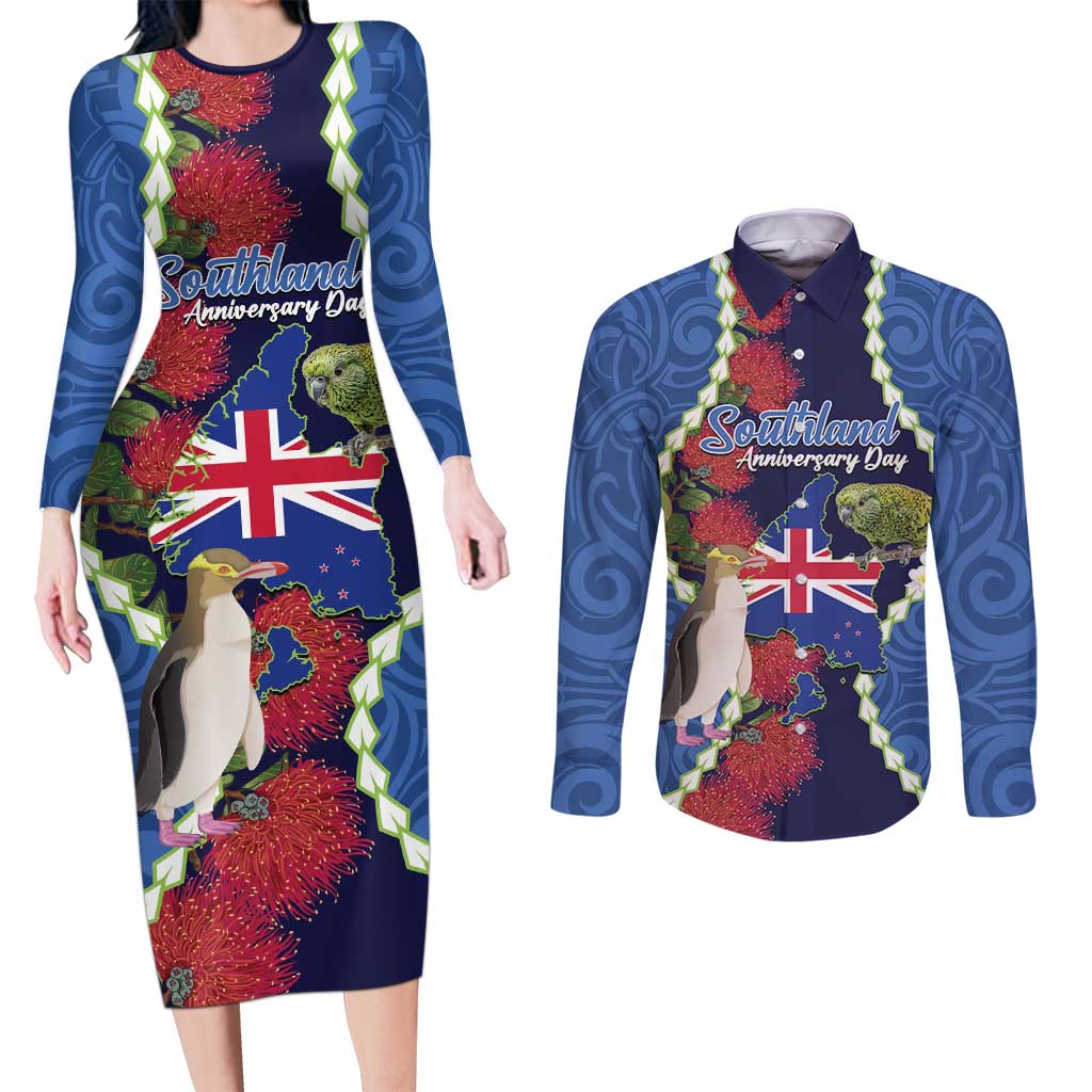 Southland Anniversary Day Couples Matching Long Sleeve Bodycon Dress and Long Sleeve Button Shirt Murihiku 1861 Maori Bird Mix Pohutukawa
