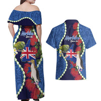 Southland Anniversary Day Couples Matching Off Shoulder Maxi Dress and Hawaiian Shirt Murihiku 1861 Maori Bird Mix Pohutukawa