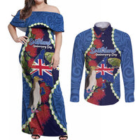Southland Anniversary Day Couples Matching Off Shoulder Maxi Dress and Long Sleeve Button Shirt Murihiku 1861 Maori Bird Mix Pohutukawa