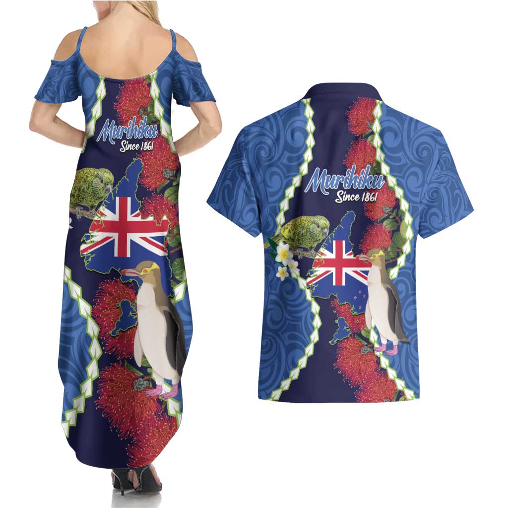Southland Anniversary Day Couples Matching Summer Maxi Dress and Hawaiian Shirt Murihiku 1861 Maori Bird Mix Pohutukawa