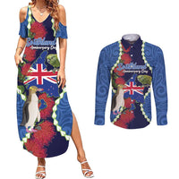 Southland Anniversary Day Couples Matching Summer Maxi Dress and Long Sleeve Button Shirt Murihiku 1861 Maori Bird Mix Pohutukawa