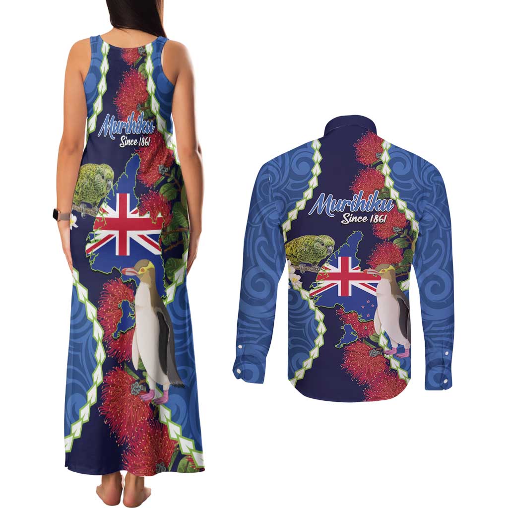 Southland Anniversary Day Couples Matching Tank Maxi Dress and Long Sleeve Button Shirt Murihiku 1861 Maori Bird Mix Pohutukawa