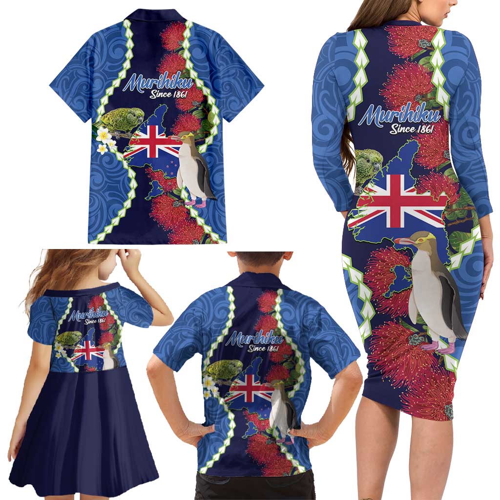 Southland Anniversary Day Family Matching Long Sleeve Bodycon Dress and Hawaiian Shirt Murihiku 1861 Maori Bird Mix Pohutukawa