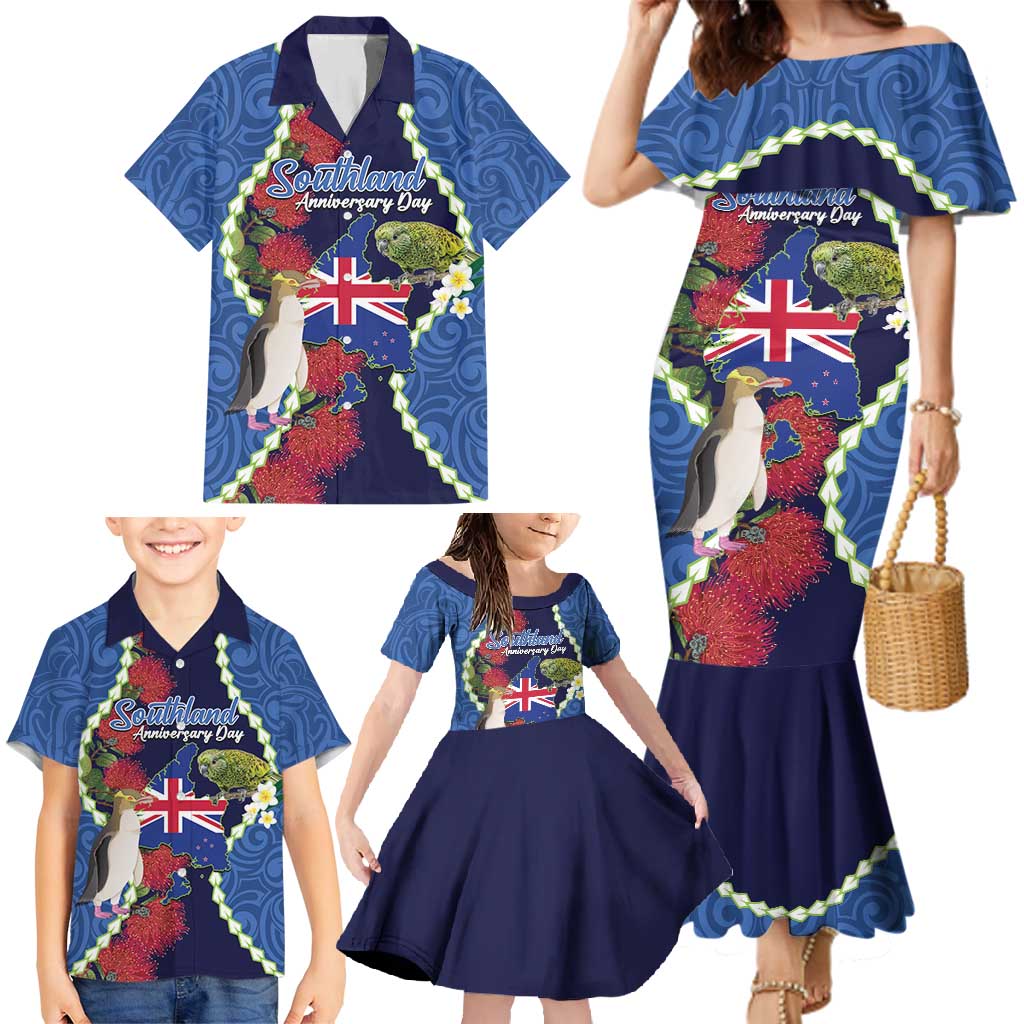 Southland Anniversary Day Family Matching Mermaid Dress and Hawaiian Shirt Murihiku 1861 Maori Bird Mix Pohutukawa