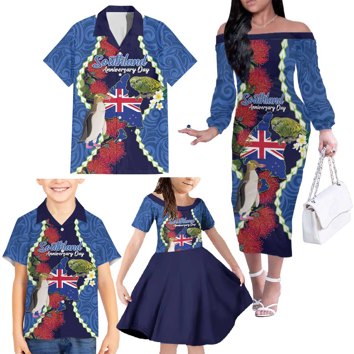 Southland Anniversary Day Family Matching Off The Shoulder Long Sleeve Dress and Hawaiian Shirt Murihiku 1861 Maori Bird Mix Pohutukawa