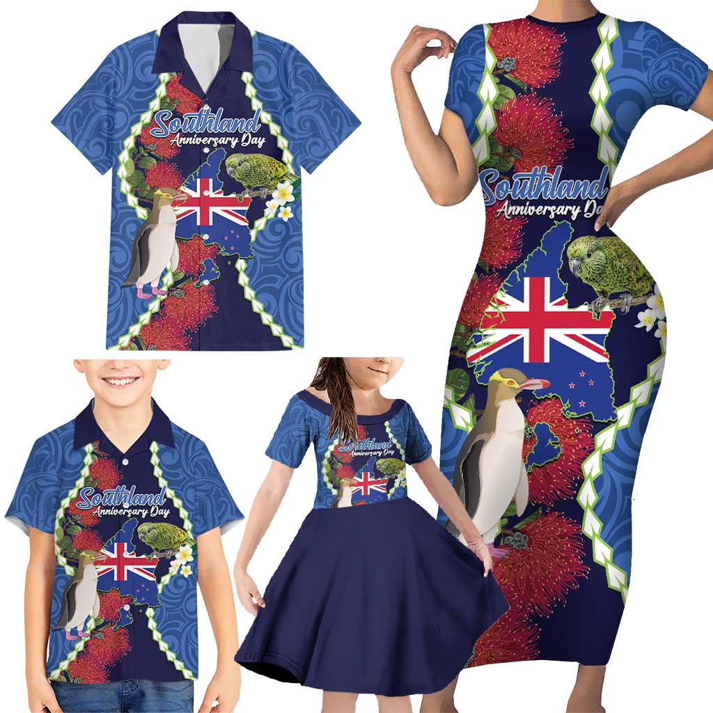 Southland Anniversary Day Family Matching Short Sleeve Bodycon Dress and Hawaiian Shirt Murihiku 1861 Maori Bird Mix Pohutukawa