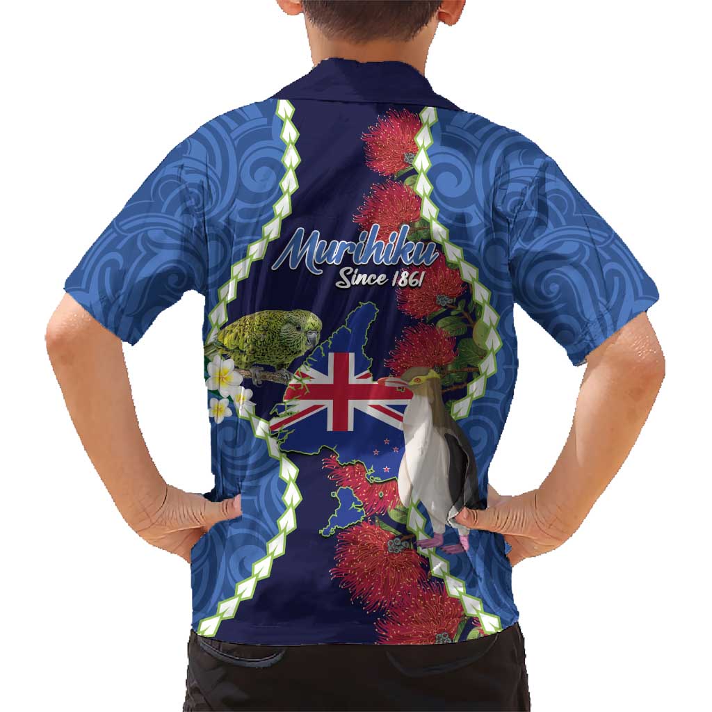 Southland Anniversary Day Kid Hawaiian Shirt Murihiku 1861 Maori Bird Mix Pohutukawa