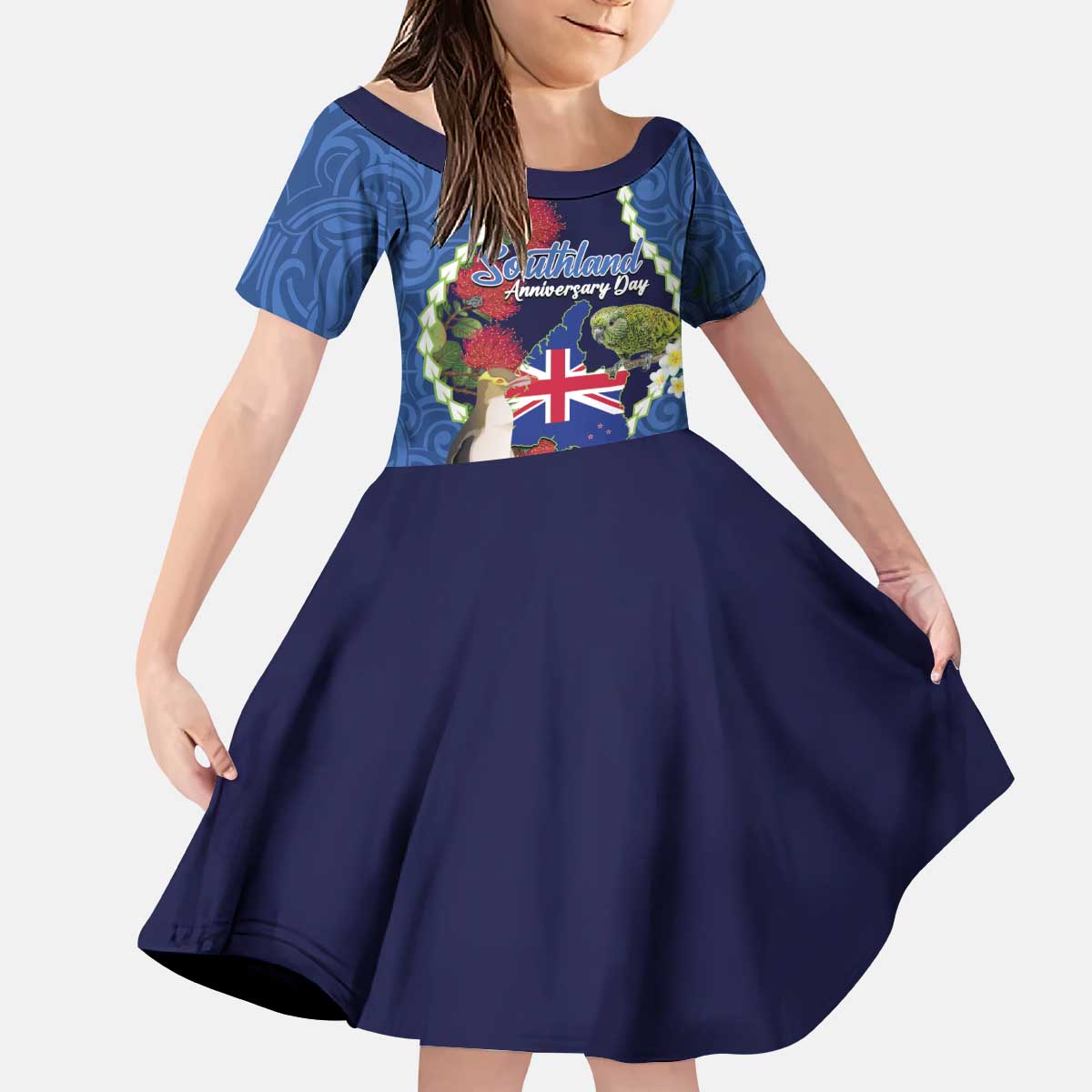 Southland Anniversary Day Kid Short Sleeve Dress Murihiku 1861 Maori Bird Mix Pohutukawa
