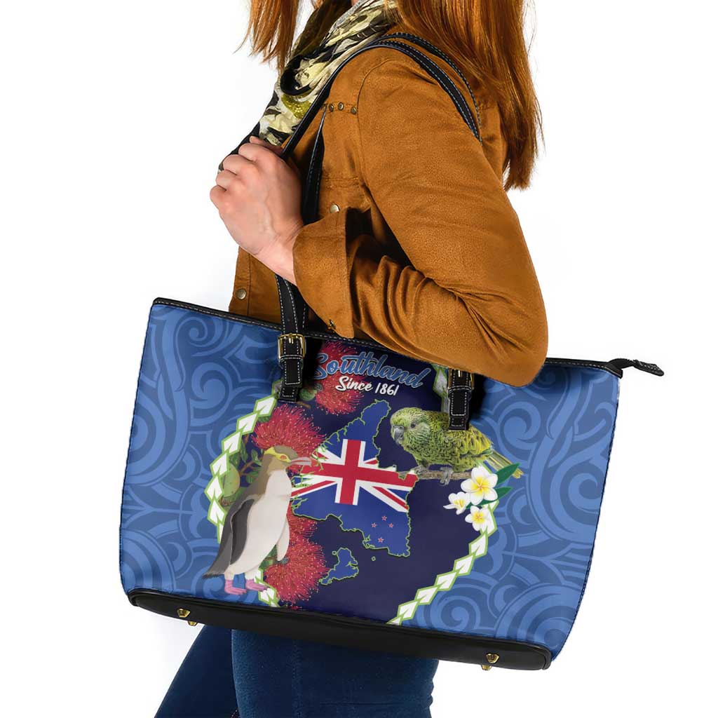 Southland Anniversary Day Leather Tote Bag Murihiku 1861 Maori Bird Mix Pohutukawa