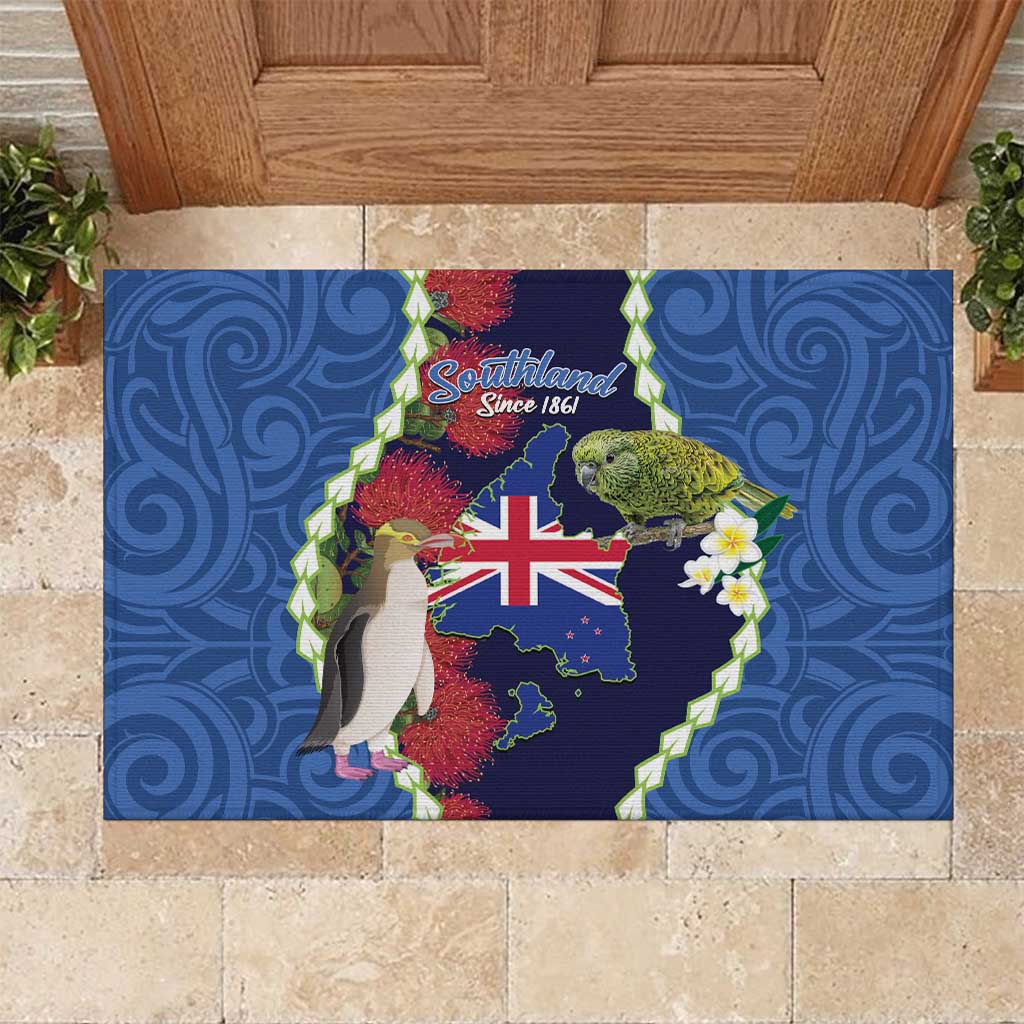 Southland Anniversary Day Rubber Doormat Murihiku 1861 Maori Bird Mix Pohutukawa
