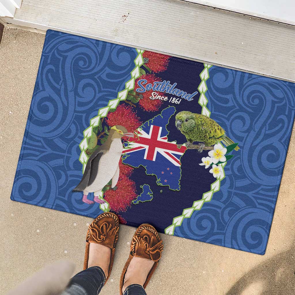 Southland Anniversary Day Rubber Doormat Murihiku 1861 Maori Bird Mix Pohutukawa