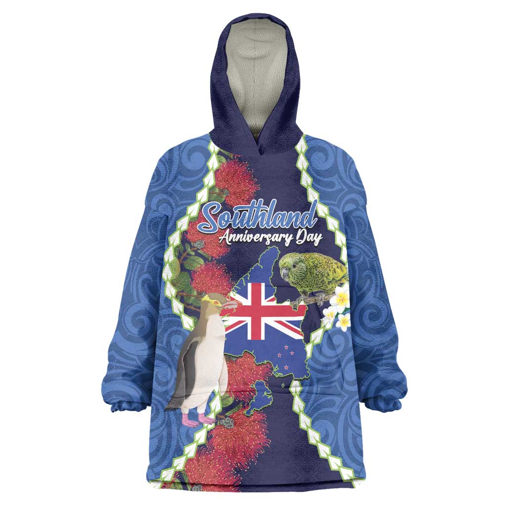 Southland Anniversary Day Wearable Blanket Hoodie Murihiku 1861 Maori Bird Mix Pohutukawa