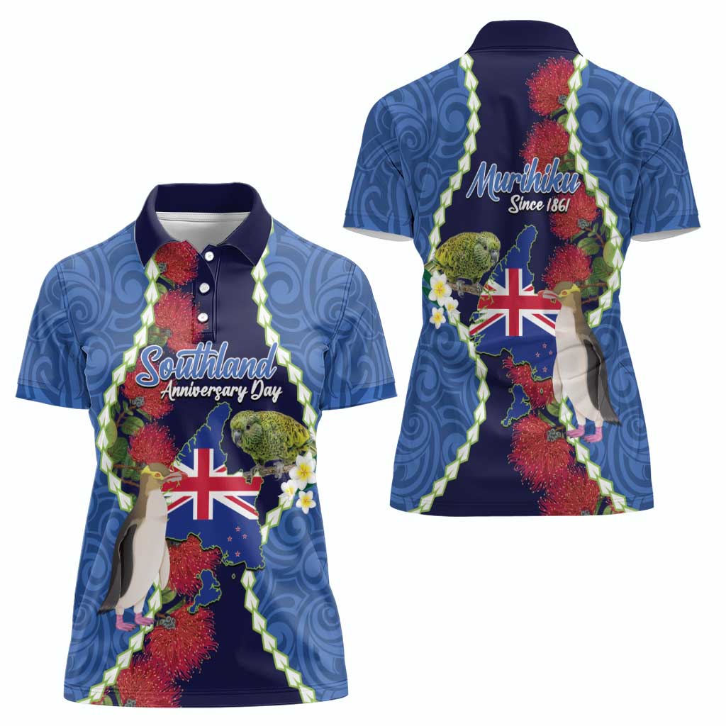 Southland Anniversary Day Women Polo Shirt Murihiku 1861 Maori Bird Mix Pohutukawa