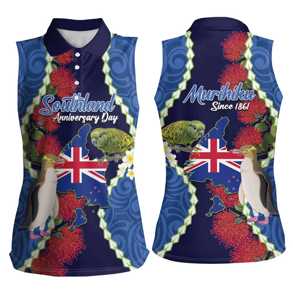 Southland Anniversary Day Women Sleeveless Polo Shirt Murihiku 1861 Maori Bird Mix Pohutukawa