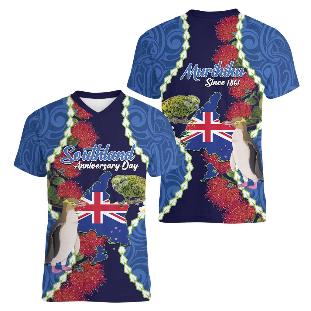 Southland Anniversary Day Women V-Neck T-Shirt Murihiku 1861 Maori Bird Mix Pohutukawa