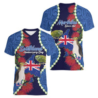 Southland Anniversary Day Women V-Neck T-Shirt Murihiku 1861 Maori Bird Mix Pohutukawa