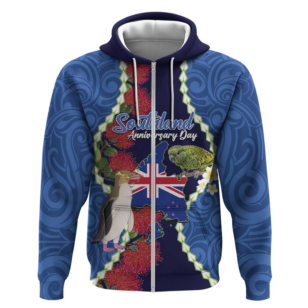 Southland Anniversary Day Zip Hoodie Murihiku 1861 Maori Bird Mix Pohutukawa
