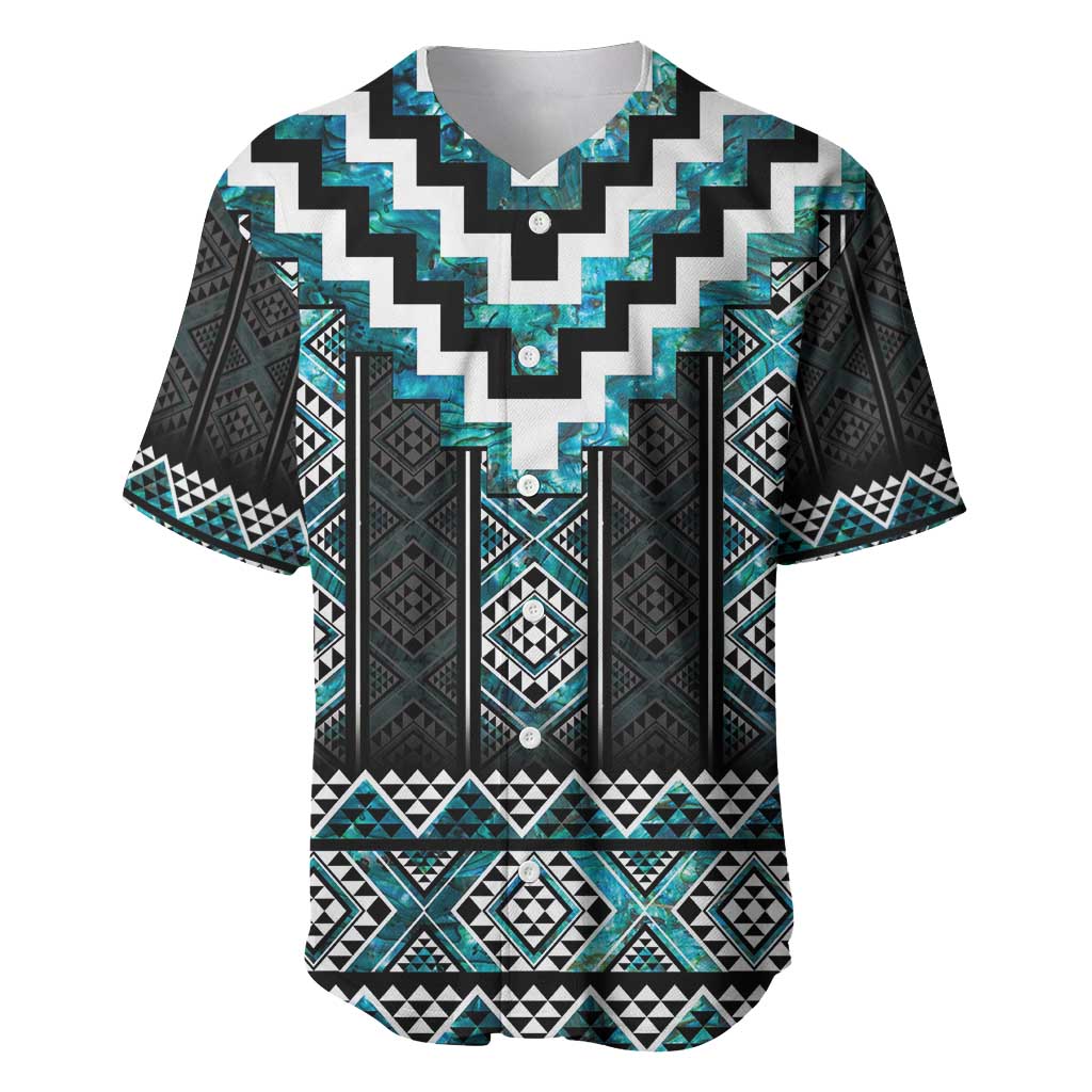 Paua Shell Taniko Pattern Aotearoa Baseball Jersey Niho Taniwha Mix Poutama LT14 Turquoise - Polynesian Pride