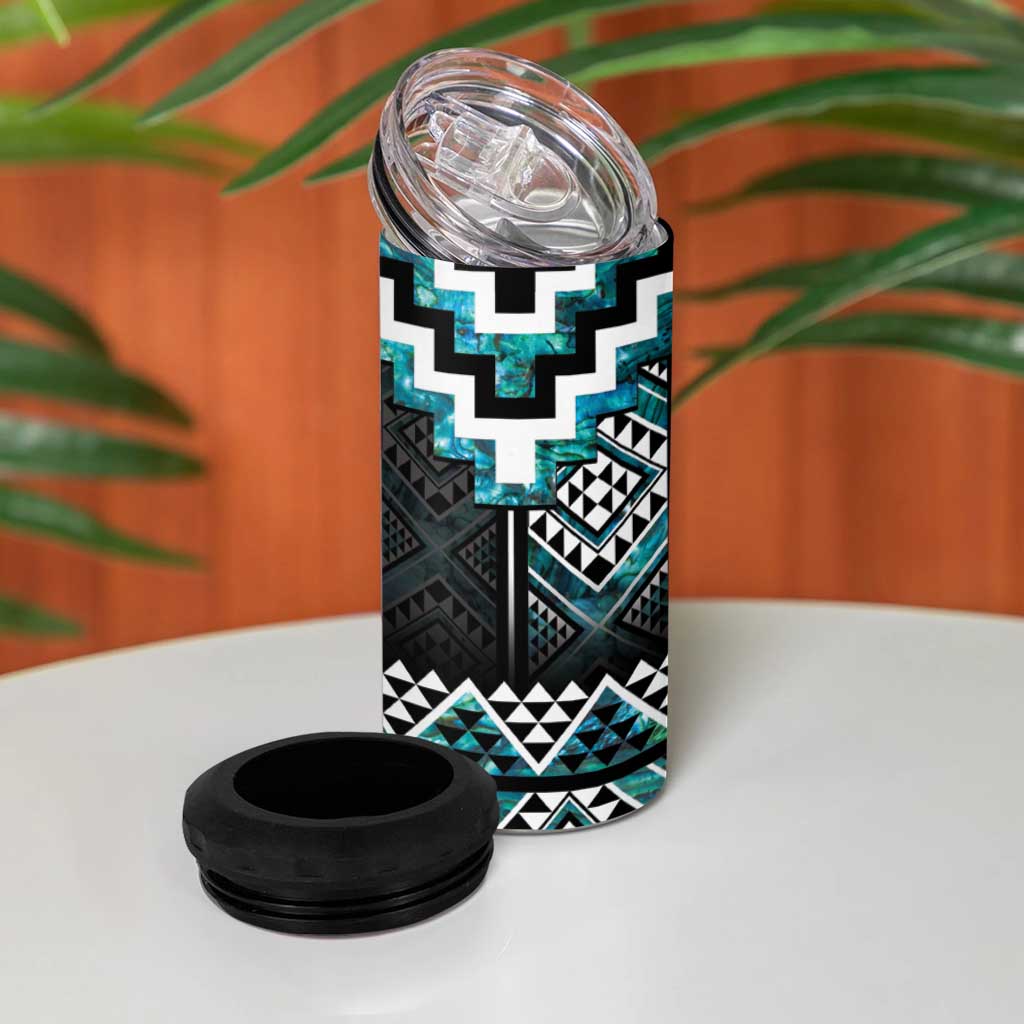 Paua Shell Taniko Pattern Aotearoa 4 in 1 Can Cooler Tumbler Niho Taniwha Mix Poutama