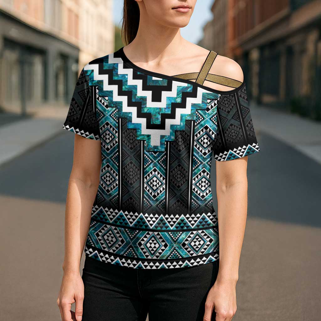 Paua Shell Taniko Pattern Aotearoa Cross Shoulder Shirt Niho Taniwha Mix Poutama - Polynesian Pride