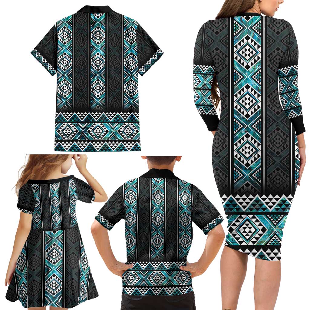 Paua Shell Taniko Pattern Aotearoa Family Matching Long Sleeve Bodycon Dress and Hawaiian Shirt Niho Taniwha Mix Poutama