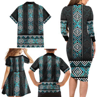 Paua Shell Taniko Pattern Aotearoa Family Matching Long Sleeve Bodycon Dress and Hawaiian Shirt Niho Taniwha Mix Poutama