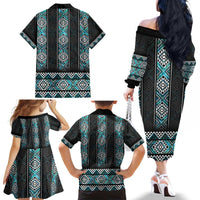 Paua Shell Taniko Pattern Aotearoa Family Matching Off The Shoulder Long Sleeve Dress and Hawaiian Shirt Niho Taniwha Mix Poutama