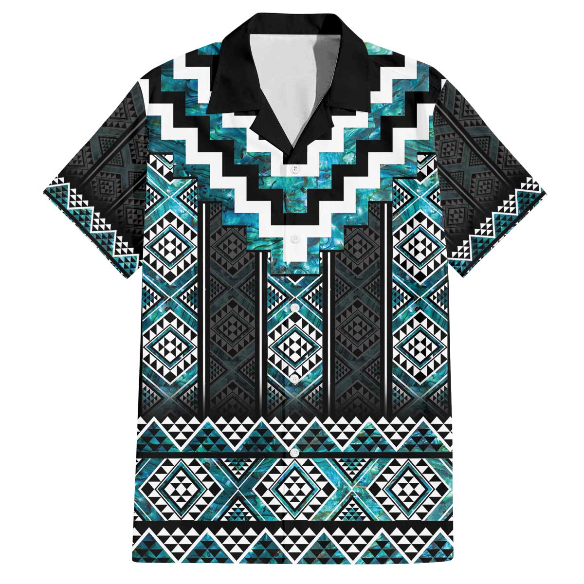 Paua Shell Taniko Pattern Aotearoa Family Matching Off The Shoulder Long Sleeve Dress and Hawaiian Shirt Niho Taniwha Mix Poutama
