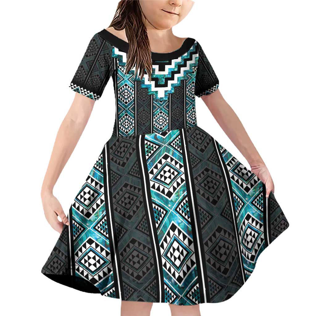 Paua Shell Taniko Pattern Aotearoa Family Matching Off Shoulder Short Dress and Hawaiian Shirt Niho Taniwha Mix Poutama