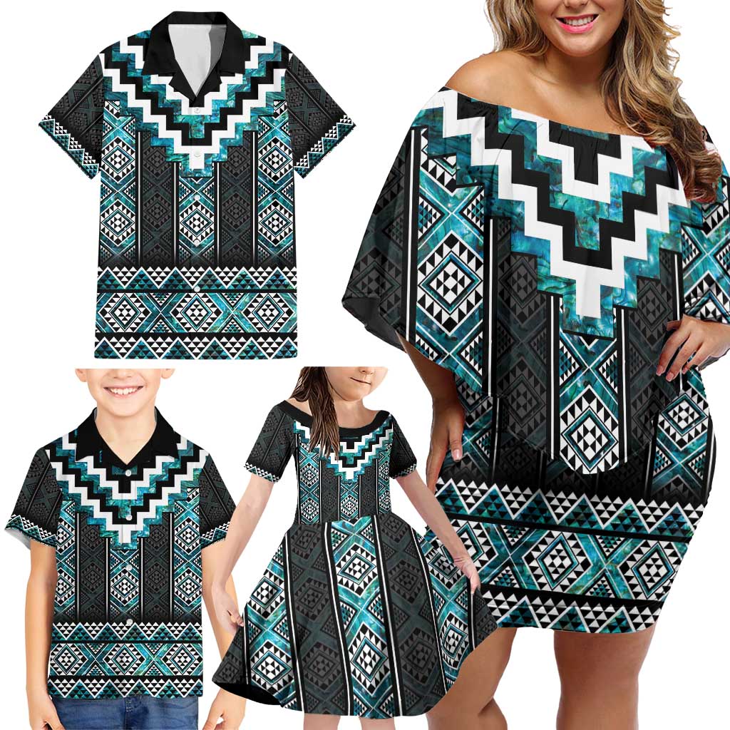 Paua Shell Taniko Pattern Aotearoa Family Matching Off Shoulder Short Dress and Hawaiian Shirt Niho Taniwha Mix Poutama