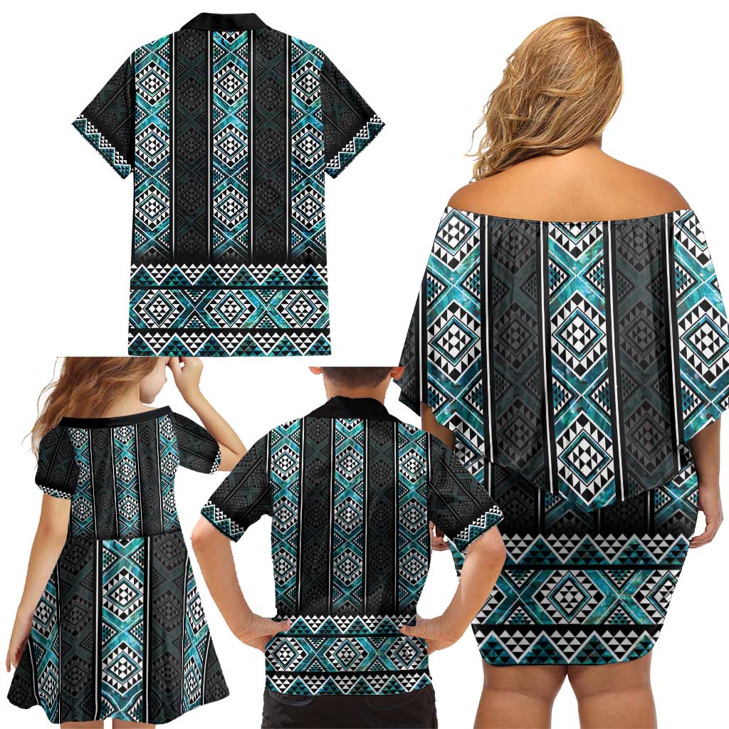 Paua Shell Taniko Pattern Aotearoa Family Matching Off Shoulder Short Dress and Hawaiian Shirt Niho Taniwha Mix Poutama