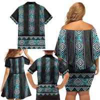 Paua Shell Taniko Pattern Aotearoa Family Matching Off Shoulder Short Dress and Hawaiian Shirt Niho Taniwha Mix Poutama