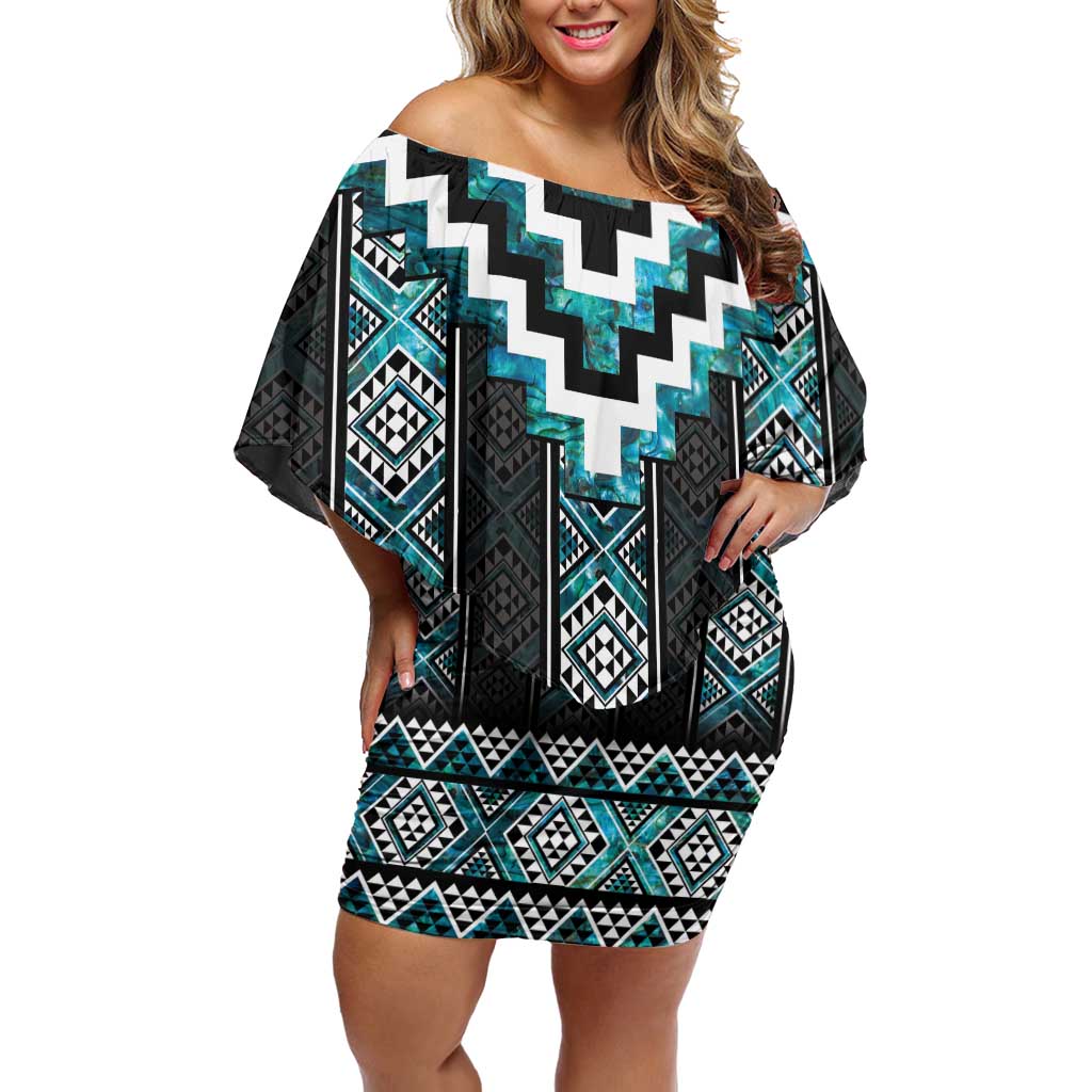 Paua Shell Taniko Pattern Aotearoa Family Matching Off Shoulder Short Dress and Hawaiian Shirt Niho Taniwha Mix Poutama