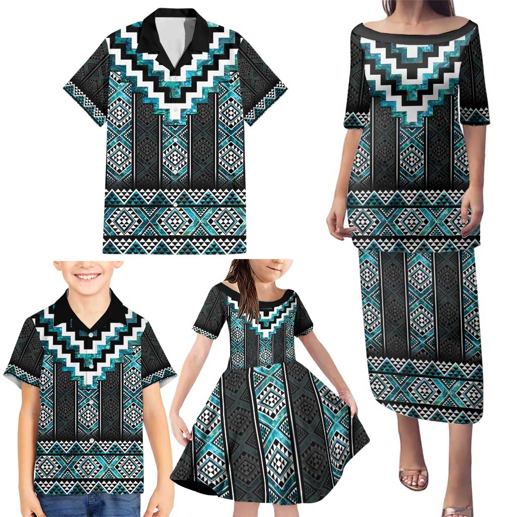 Paua Shell Taniko Pattern Aotearoa Family Matching Puletasi and Hawaiian Shirt Niho Taniwha Mix Poutama