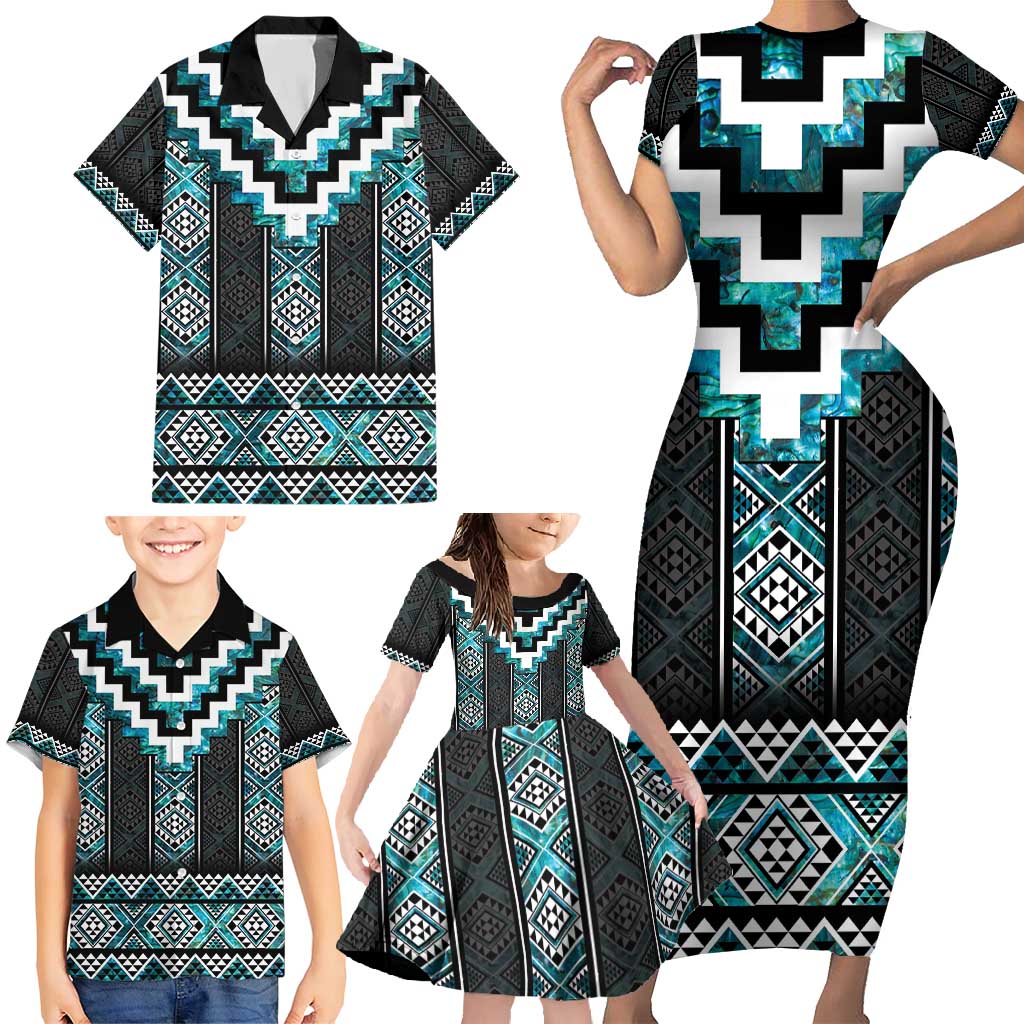Paua Shell Taniko Pattern Aotearoa Family Matching Short Sleeve Bodycon Dress and Hawaiian Shirt Niho Taniwha Mix Poutama