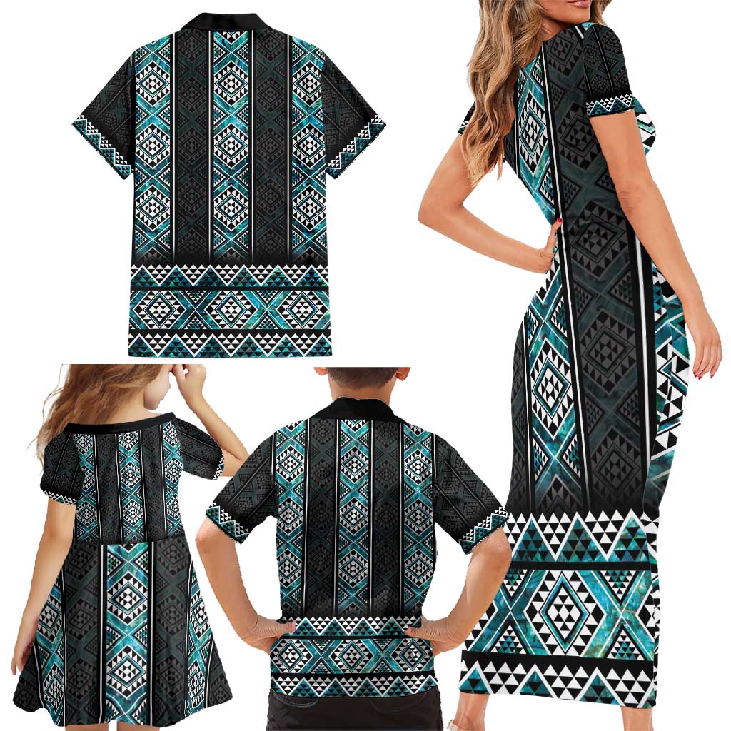 Paua Shell Taniko Pattern Aotearoa Family Matching Short Sleeve Bodycon Dress and Hawaiian Shirt Niho Taniwha Mix Poutama