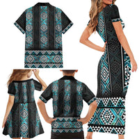 Paua Shell Taniko Pattern Aotearoa Family Matching Short Sleeve Bodycon Dress and Hawaiian Shirt Niho Taniwha Mix Poutama