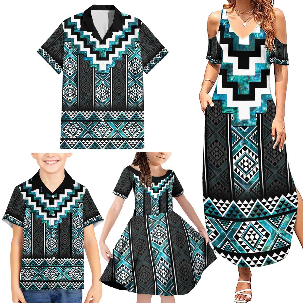 Paua Shell Taniko Pattern Aotearoa Family Matching Summer Maxi Dress and Hawaiian Shirt Niho Taniwha Mix Poutama
