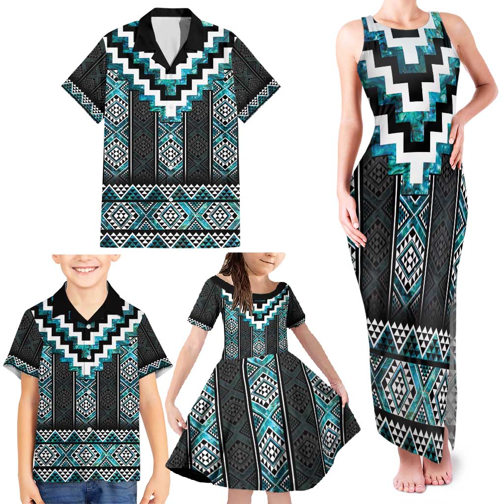 Paua Shell Taniko Pattern Aotearoa Family Matching Tank Maxi Dress and Hawaiian Shirt Niho Taniwha Mix Poutama